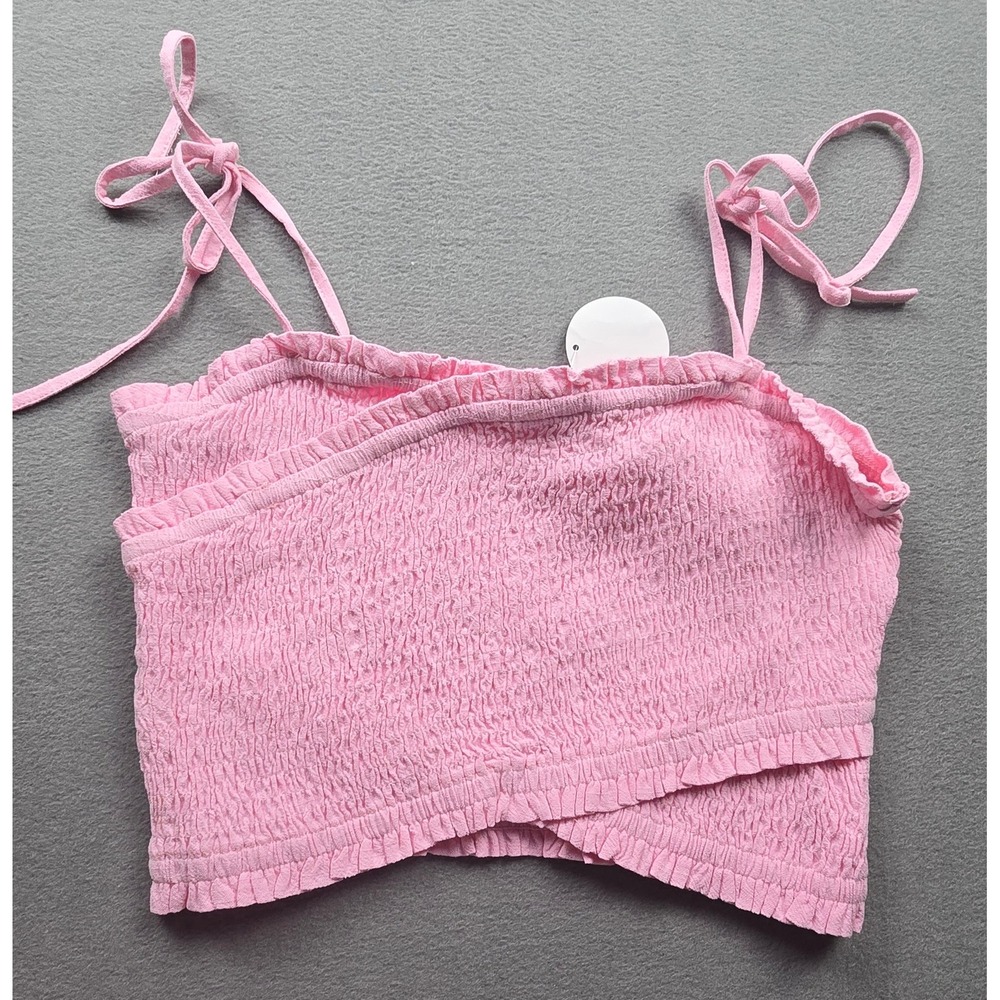 Wishlist Apparel Pink Smocked Linen Blend Tie Shoulder Wrap Crop Top Size M NEW